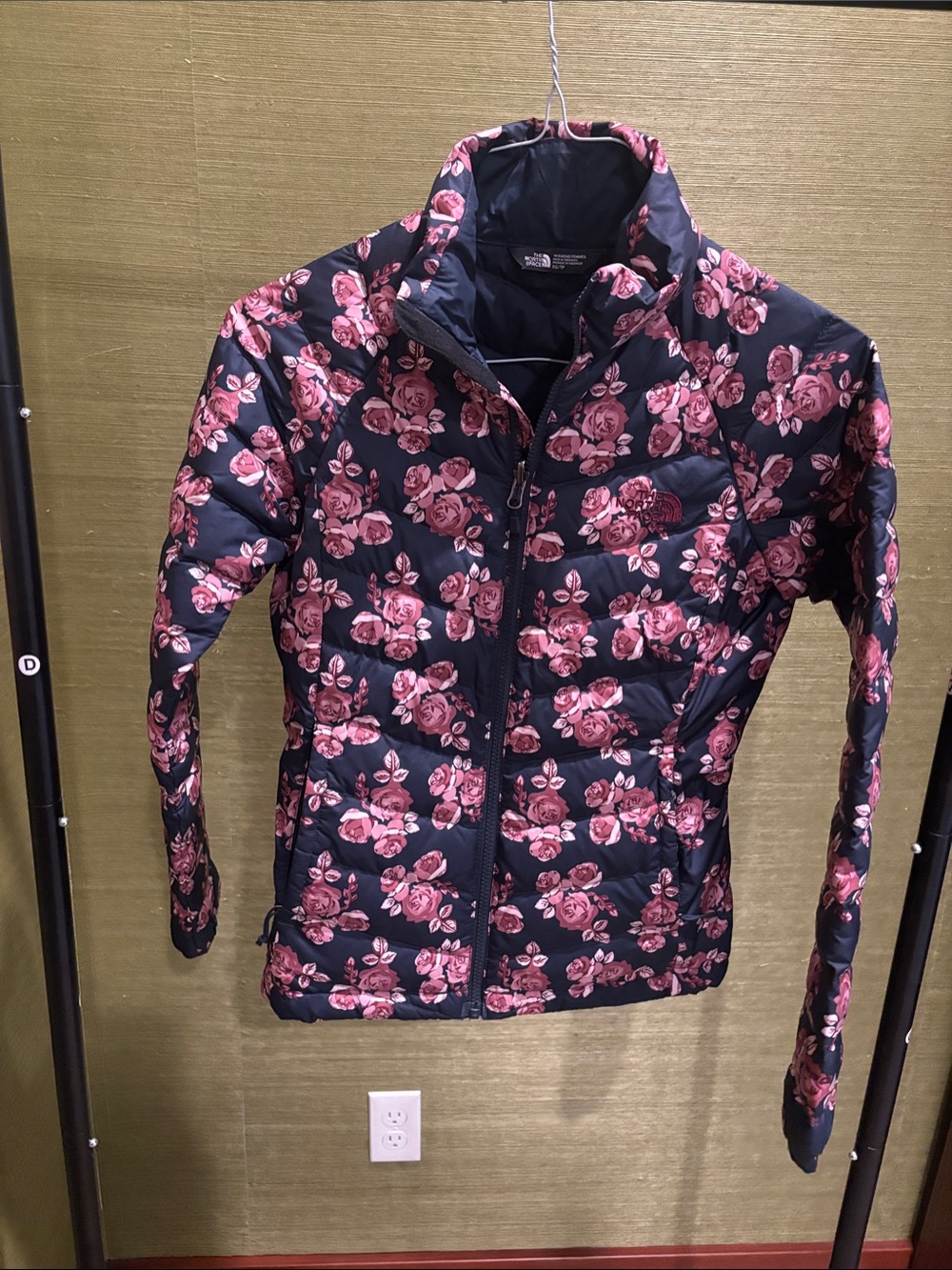 The North Face Women's Navy Puffer Jacket with Pink Rose Print